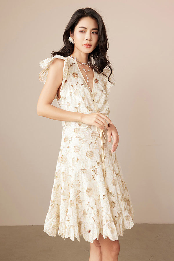 Designer Short Ivory V-neck Lace Dress with Flutter Sleeves