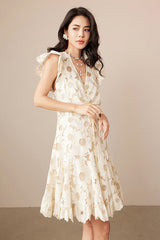 Designer Short Ivory V-neck Lace Dress with Flutter Sleeves
