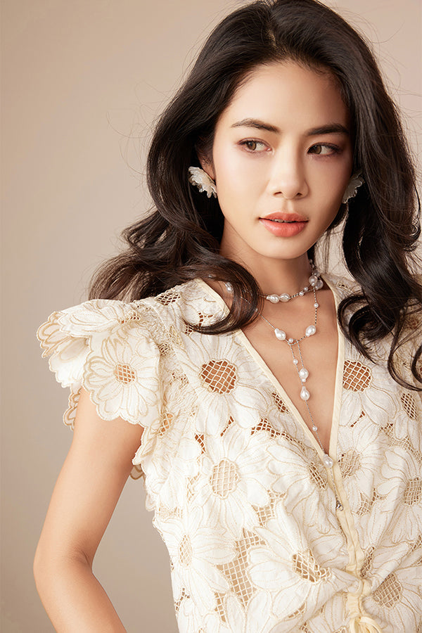 Designer Short Ivory V-neck Lace Dress with Flutter Sleeves