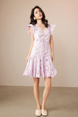 Designer Short Ivory V-neck Lace Dress with Flutter Sleeves