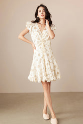 Designer Short Ivory V-neck Lace Dress with Flutter Sleeves