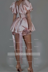 Designer Short Pink Satin Square Neck Puff Sleeves Party Dress with Ruffles