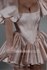 Designer Short Pink Satin Square Neck Puff Sleeves Party Dress with Ruffles