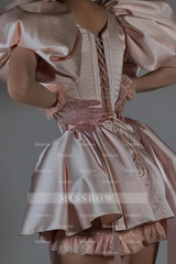 Designer Short Pink Satin Square Neck Puff Sleeves Party Dress with Ruffles