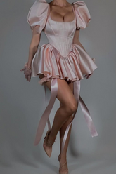 Designer Short Pink Satin Square Neck Puff Sleeves Party Dress with Ruffles