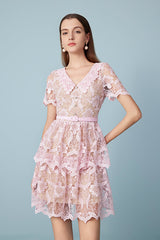 Designer Short Pink V-neck Lace Dress with Short Sleeves