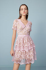 Designer Short Pink V-neck Lace Dress with Short Sleeves