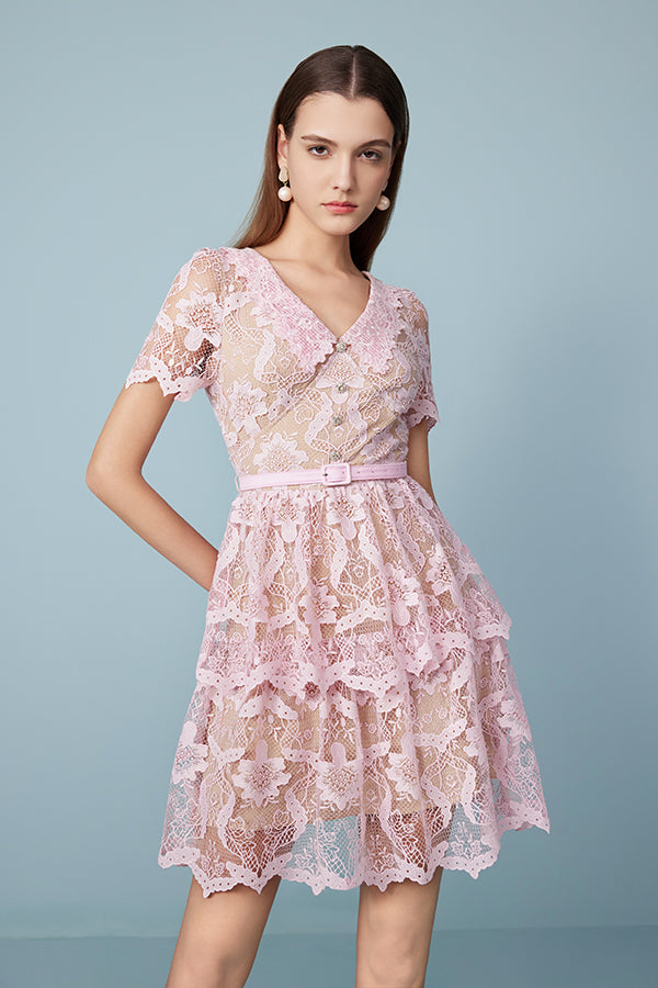 Designer Short Pink V-neck Lace Dress with Short Sleeves