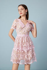 Designer Short Pink V-neck Lace Dress with Short Sleeves