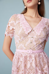 Designer Short Pink V-neck Lace Dress with Short Sleeves