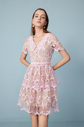 Designer Short Pink V-neck Lace Dress with Short Sleeves