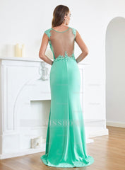 Designer Turquoise Crew neck Cap sleeve Lace appliques Curves/Mermaid Floor Length Dress
