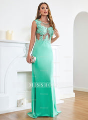 Designer Turquoise Crew neck Cap sleeve Lace appliques Curves/Mermaid Floor Length Dress