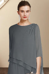 Designer Two Pieces Mother of The Bride Suit Chiffon Scoop Half Sleeve Bridesmaid Dresses With Ruffles