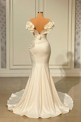 Designer White Long Pearl Ruffle Evening Dresses