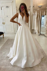 Designer White Long V-neck A-Line Satin Sleeveless Backless Wedding Dress