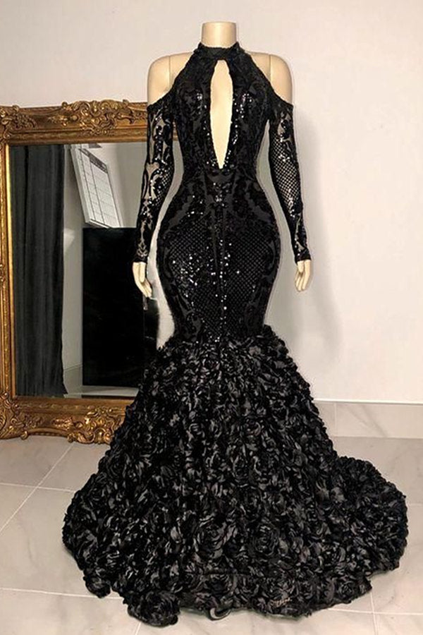 Dignified Black Halter Long Sleeve Transparent lace Beading Floor-length Mermaid Prom Evening Dresses
