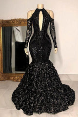 Dignified Black Halter Long Sleeve Transparent lace Beading Floor-length Mermaid Prom Evening Dresses