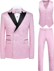 Double Breasted Pink Jacquard Three Piece New Prom Suit Arrival