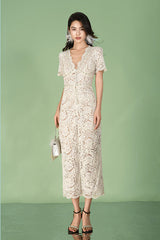 Ivory Ankle Length V-neck Lace Dress with Short Sleeves
