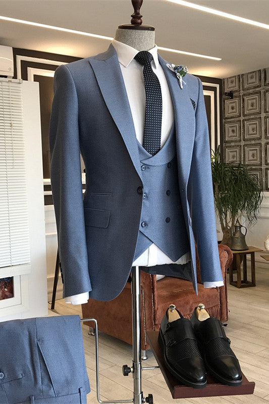 Dusty Blue Bespoke Three-Piece Peaked Lapel Business Suit