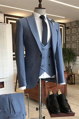 Dusty Blue Bespoke Three-Piece Peaked Lapel Business Suit