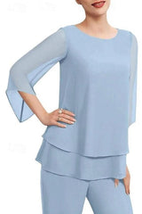 Dusty Blue Chiffon 2-Piece Pants Suit Mother of the Bride Dress Jewel Neck 3/4 Flared Bell Sleeves Tiered Chiffon Top Wide-Leg Pants Formal Outfit