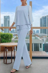 Dusty Blue Chiffon 2-Piece Pants Suit Mother of the Bride Dress Jewel Neck 3/4 Flared Bell Sleeves Tiered Chiffon Top Wide-Leg Pants Formal Outfit