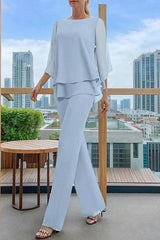 Dusty Blue Chiffon 2-Piece Pants Suit Mother of the Bride Dress Jewel Neck 3/4 Flared Bell Sleeves Tiered Chiffon Top Wide-Leg Pants Formal Outfit