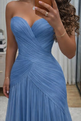 Dusty Blue Chiffon Mermaid Evening Dress Strapless Sweetheart Criss-Cross Ruched Corset Formal Gown with Chapel Train