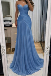 Dusty Blue Chiffon Mermaid Evening Dress Strapless Sweetheart Criss-Cross Ruched Corset Formal Gown with Chapel Train