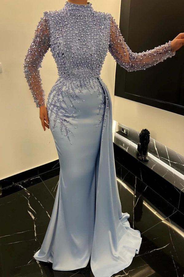 Dusty Blue High Neck Long Sleeves Mermaid Beaded Pearl Floor Length Formal Evening Gown