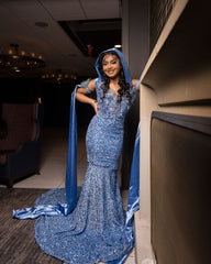 Dusty Blue Mermaid Prom Dress Illusion Deep V Neck All-Over Sequin Crystal Rhinestone Beaded 3D Lace Floral Off Shoulder Cap Sleeve Dramatic Satin Hooded Cape Sweep Train Gown