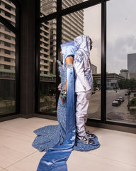 Dusty Blue Mermaid Prom Dress Illusion Deep V Neck All-Over Sequin Crystal Rhinestone Beaded 3D Lace Floral Off Shoulder Cap Sleeve Dramatic Satin Hooded Cape Sweep Train Gown
