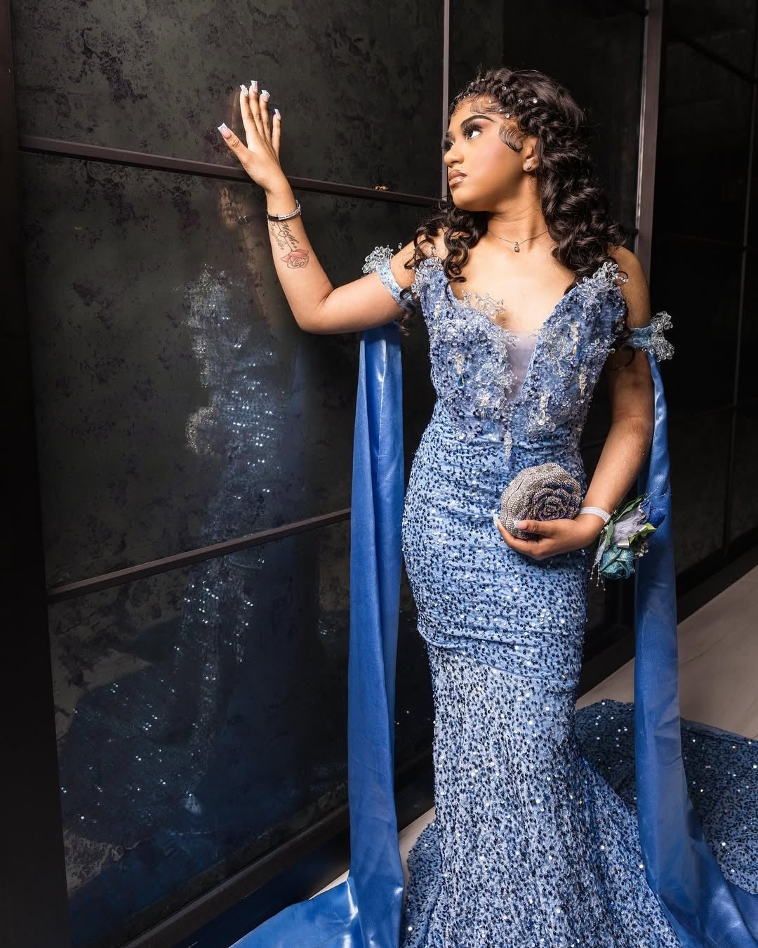 Dusty Blue Mermaid Prom Dress Illusion Deep V Neck All-Over Sequin Crystal Rhinestone Beaded 3D Lace Floral Off Shoulder Cap Sleeve Dramatic Satin Hooded Cape Sweep Train Gown