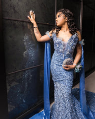 Dusty Blue Mermaid Prom Dress Illusion Deep V Neck All-Over Sequin Crystal Rhinestone Beaded 3D Lace Floral Off Shoulder Cap Sleeve Dramatic Satin Hooded Cape Sweep Train Gown