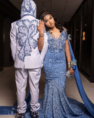 Dusty Blue Mermaid Prom Dress Illusion Deep V Neck All-Over Sequin Crystal Rhinestone Beaded 3D Lace Floral Off Shoulder Cap Sleeve Dramatic Satin Hooded Cape Sweep Train Gown