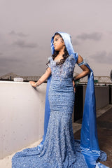 Dusty Blue Mermaid Prom Dress Illusion Deep V Neck All-Over Sequin Crystal Rhinestone Beaded 3D Lace Floral Off Shoulder Cap Sleeve Dramatic Satin Hooded Cape Sweep Train Gown