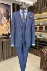 Dusty Blue Notched Lapel Three-Piece Business Attire for Men