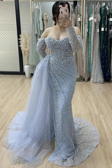 Dusty Blue Off-the-Shoulder Long Sleeve Beaded Pearl Tulle Mermaid Floor Evening Gown