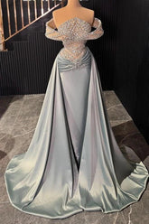 Dusty Blue Off-the-Shoulder Sleeveless Beaded Mermaid Satin Floor Formal Evening Gown