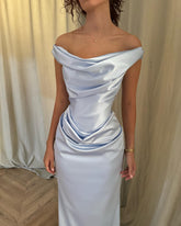 Dusty Blue Off-the-Shoulder Sleeveless Ruched Mermaid Satin Floor Formal Evening Gown