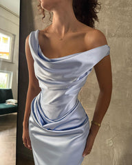 Dusty Blue Satin Mermaid Formal Dress Off-the-Shoulder Ruched Waist Open Back Floor Length