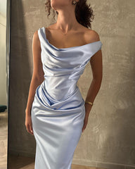 Dusty Blue Satin Mermaid Formal Dress Off-the-Shoulder Ruched Waist Open Back Floor Length