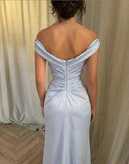 Dusty Blue Satin Mermaid Formal Dress Off-the-Shoulder Ruched Waist Open Back Floor Length