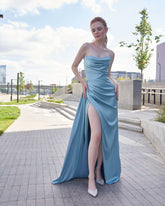 Dusty Blue Strapless Sleeveless Column Satin Ruched Lace-Up High Slit Formal Evening Gown