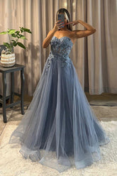 Dusty Blue Sweetheart Sleeveless A-Line Floral Applique Beaded Tulle Formal Evening Dress