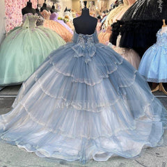 Dusty Blue Sweetheart Sleeveless Beaded Applique Tiered Ball Gown Quinceanera Dress