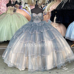 Dusty Blue Sweetheart Sleeveless Beaded Applique Tiered Ball Gown Quinceanera Dress