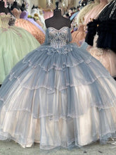 Dusty Blue Sweetheart Sleeveless Beaded Applique Tiered Ball Gown Quinceanera Dress
